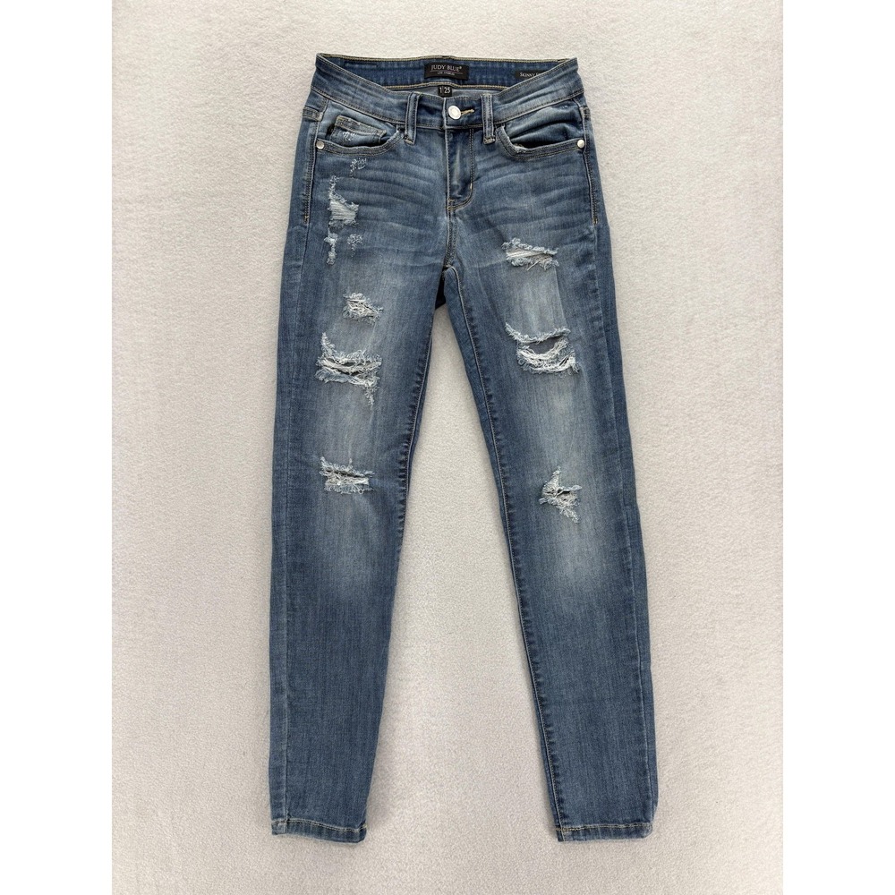 Judy Blue Skinny Jeans Womens 1/25 Blue Medium Wash Low Rise Distressed Stretch